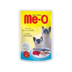 Me-O มีโอ อาหารเปียก แบบเพ้าช์ สำหรับแมว รสปลาทูน่าและไก่ในเยลลี่ 80 g