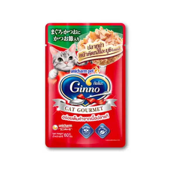 Ginno กินโนะ อาหารแมวแบบเปียกเพ้าซ์ สูตรแคทกูร์เมต์ปลาทูน่าหน้าคัตทสึโอะบูชิในเยลลี่ สำหรับแมวโตทุกสายพันธุ์ 60 g