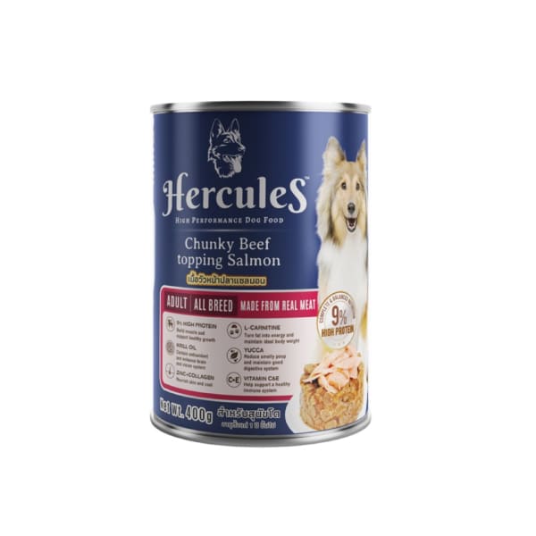 Hercules เฮอร์คิวลิส อาหารสุนัขแบบเปียกกระป๋องรสเนื้อวัวหน้าปลาแซลมอนในน้ำเกรวี่ สำหรับสุนัขโตสายพันธุ์ใหญ่ 400 g 400 g