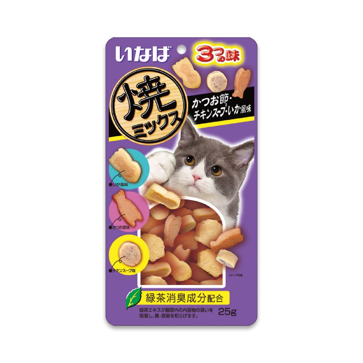 Inaba อินาบะ ซอร์ฟบิต ขนมแมวเม็ดนิ่ม สูตรทูน่า, ไก่, ปลาโอแห้งและน้ำซุปไก่ รสปลาหมึก 25 g