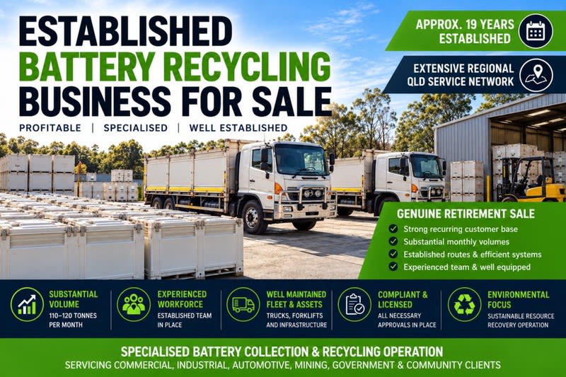 Established Battery Recycling Business Regional QLD Network Established Battery Recycling Business Regional QLD Network
