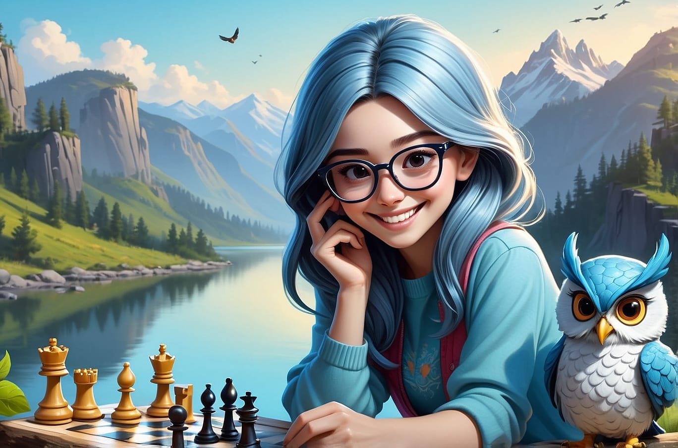 A young techie lady with a vibrant personality, sporting trendy glasses, light blue (hex color #5F92C3) highlights in her hair and accompanied by a small single playful cartoon owl familiar, sits confidently on a log playing chess against a backdrop of mountains and rivers.