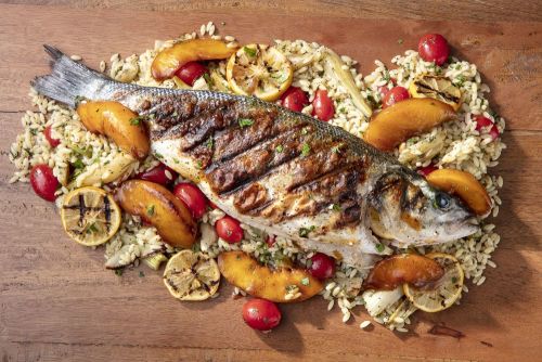 Whole Branzino with Grilled-Glazed Peaches and Roasted Fennel Orzo Salad