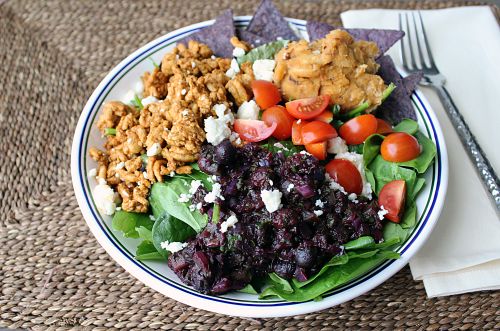 Peachy White Bean and Blueberry Salsa Nacho Bowl