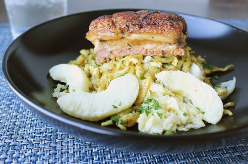 Pork Belly Bowl with Curried Spaetzle and Apple Cabbage Slaw
