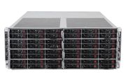 The front view of a 4U Supermicro FatTwin SuperServer with 8 nodes, each populated with 6 hard drive caddies.
