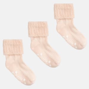 Cosy Stay On Winter Warm Non Slip Baby Socks - 3 Pack in Coral - 0-2 years