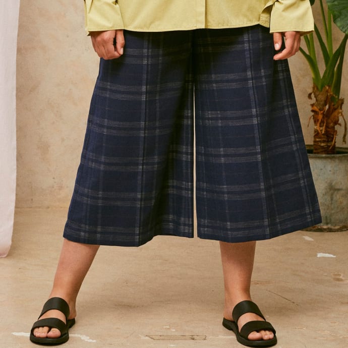 Amelia Wide Leg Culotte Trousers, Navy Check Deadstock Cotton