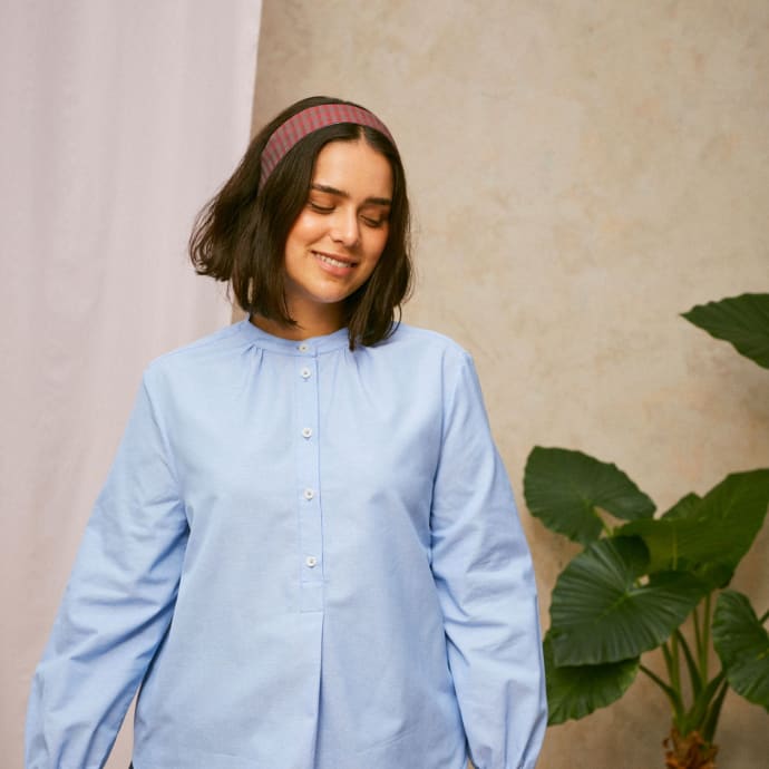 Marie Gather Neck A-Line Blouse, Blue Recycled Cotton