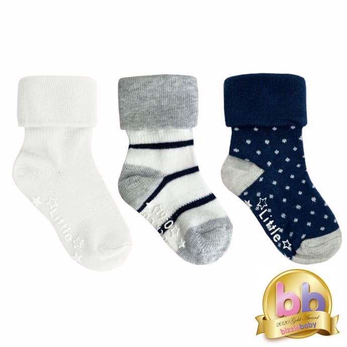 Non-Slip Stay on Baby and Toddler Socks - 3 Pack in Navy, Wide Stripe & White