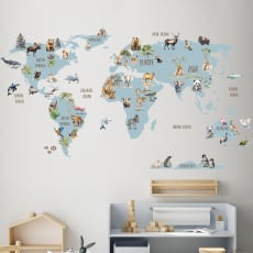 Sininen Animals of The World Wall Sticker Set: Removable children's world map with animals