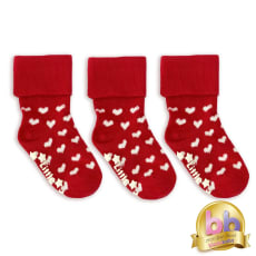 OUTLET - Smaller Fit -Non-Slip Stay On Baby and Toddler Socks - 3 Pack in Red Hearts