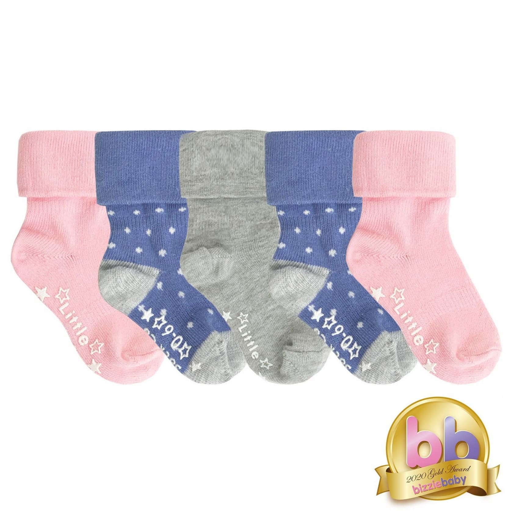Non-Slip Stay on Baby and Toddler Socks - 5 Pack in Fairy Tale Pink, Cornflower Pin Dot and Grey Sky