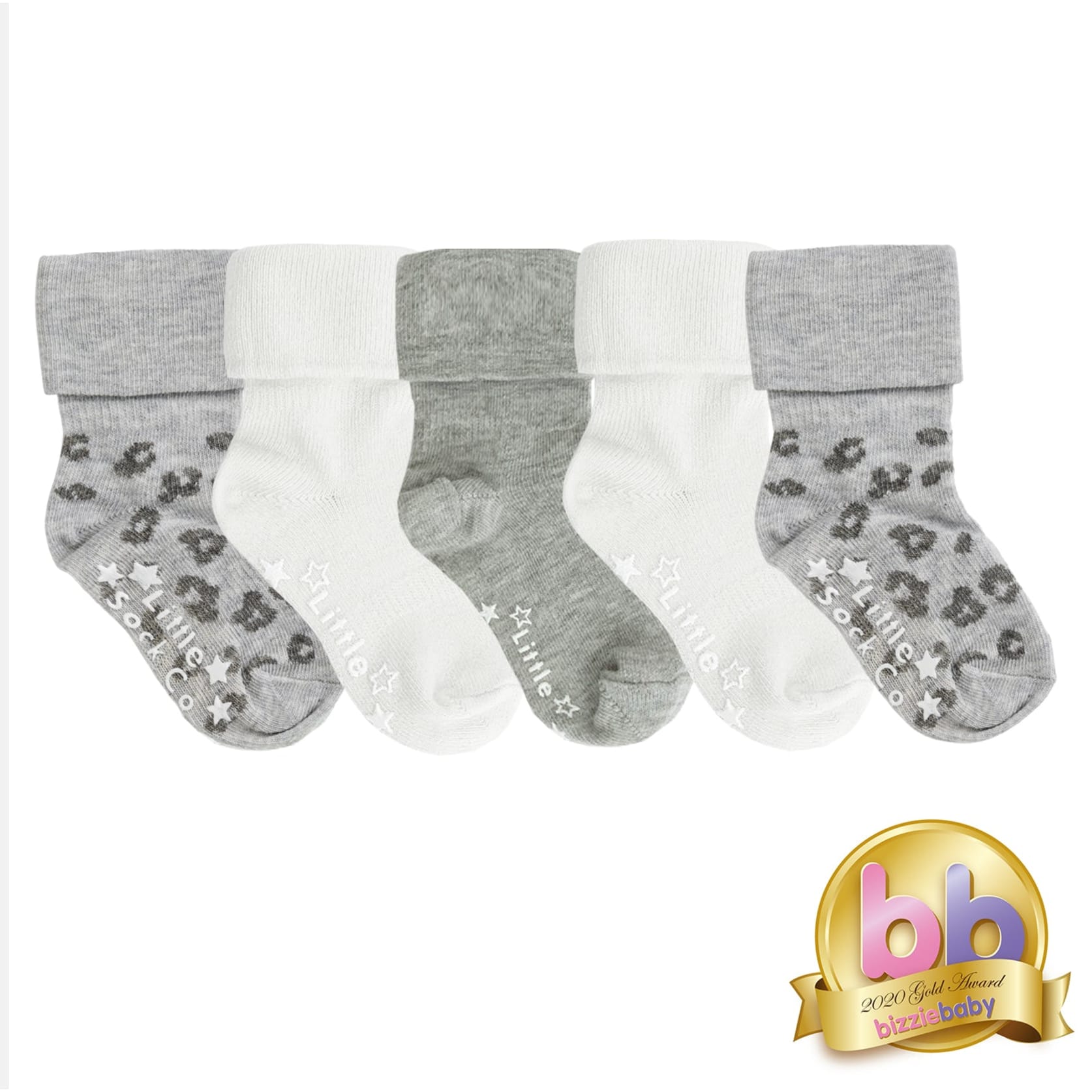 Non-Slip Stay on Baby and Toddler Socks - 5 Pack in Animal, Grey and White