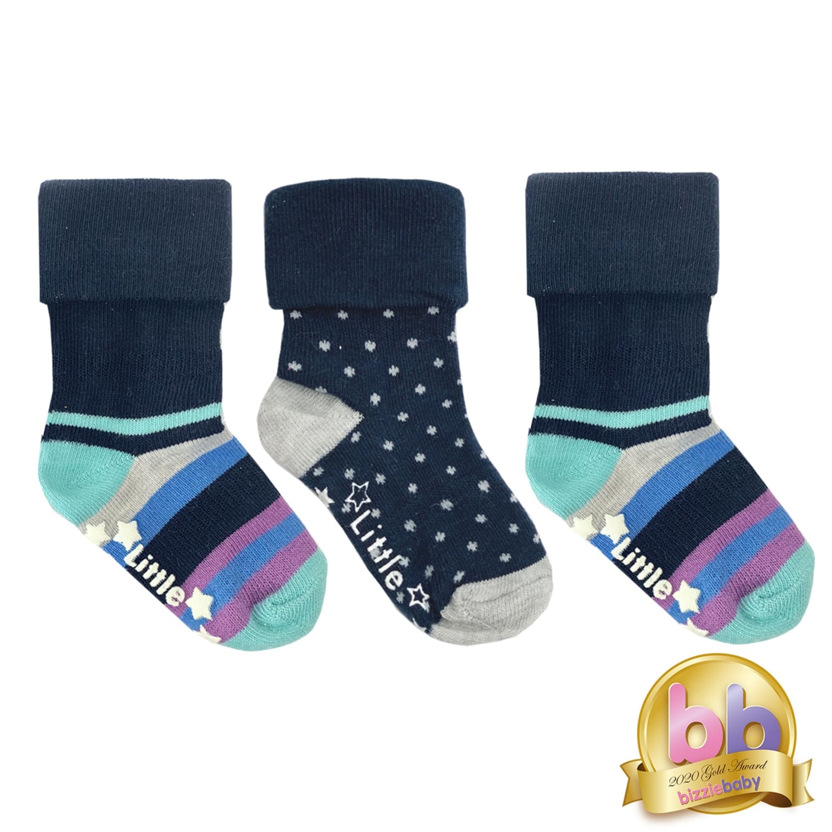 Non-Slip Stay On Baby and Toddler Socks - 3 Pack in Navy Stripe & Dot