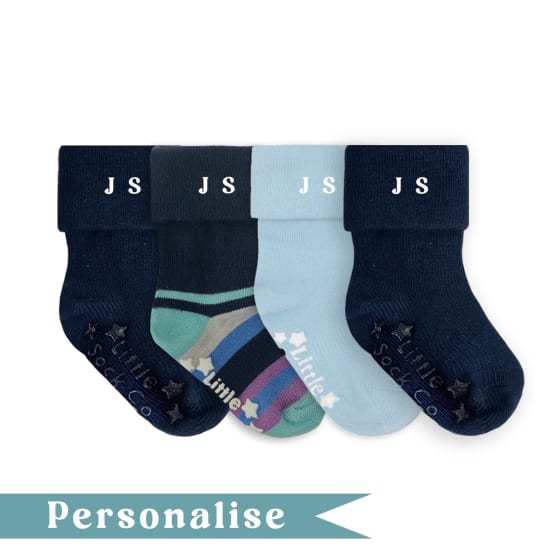 Personalised set of Multi-award winning Non-Slip Stay on Baby and Toddler Socks - Blue - 0-3 years