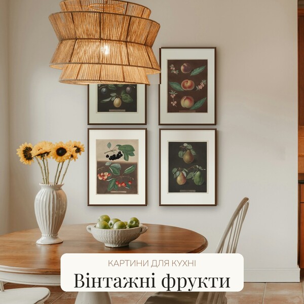 Картини для кухні «Вінтажні фрукти»: 12 ботанічних гравюр і натюрмортів для друку в рамку (A4–60×90)