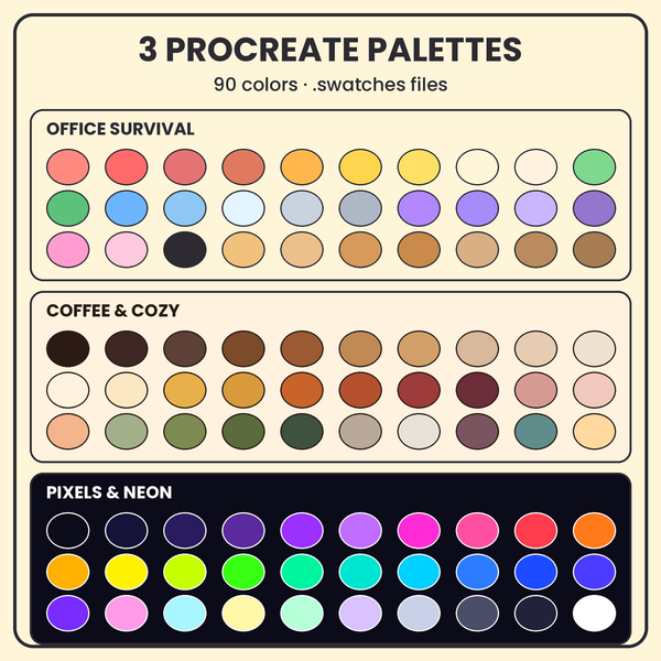 Палітри кольорів для Procreate: 3 набори, 90 кольорів