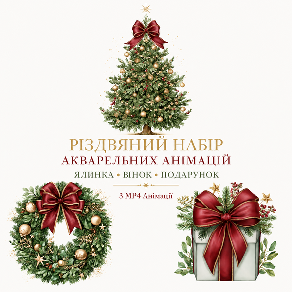 Різдвяний набір акварельних анімацій | Ялинка, Вінок, Подарунок | MP4