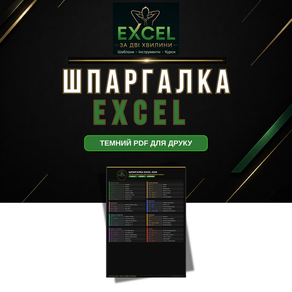 Шпаргалка Excel 2026 (Windows) — Топ-50 комбінацій клавіш, темний PDF для друку