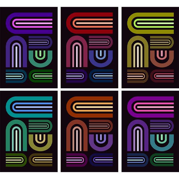 Set of 6 abstract arch line art posters in vibrant retro color palettes on dark background