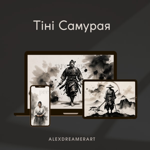 Тіні самурая: Набір із 6 преміум ШІ-шпалер у стилі сумі-е (UHD) в форматі WEBP.