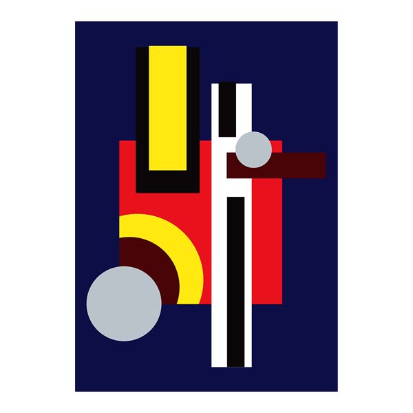 Abstract constructivist geometric poster in dark blue, red and yellow Bauhaus style