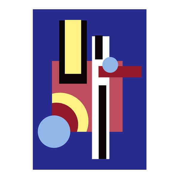 Abstract constructivist geometric poster in classic blue and terracotta Bauhaus style