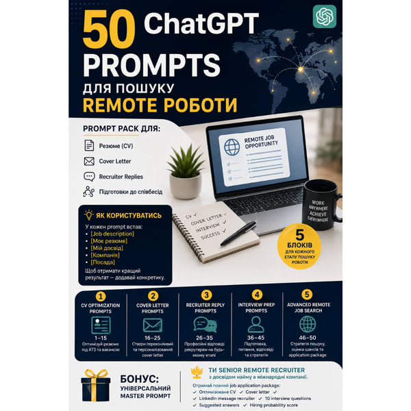 50 ChatGPT Prompts для пошуку remote роботи (CV, Cover Letter, Interview, Recruiter Replies)