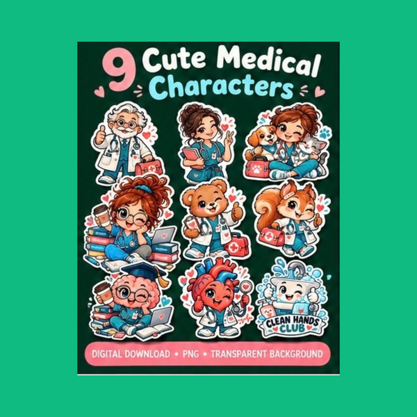 Cute Medical Stickers PNG, 9 Medical Characters, Nurse Doctor Med Student Clipart, Healthcare PNG, Digital Download