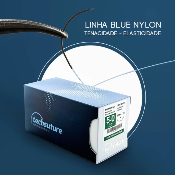 Fio de Sutura Agulhado Nylon Azul 3/8 5-0 c/ 12 unidades - Techsuture