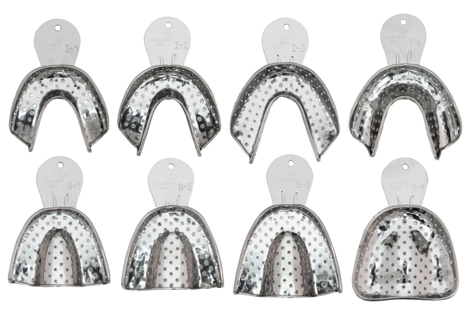 Kit de moldeiras dentadas (adultos) perfuradas inox com 8 peças - Tecnodent