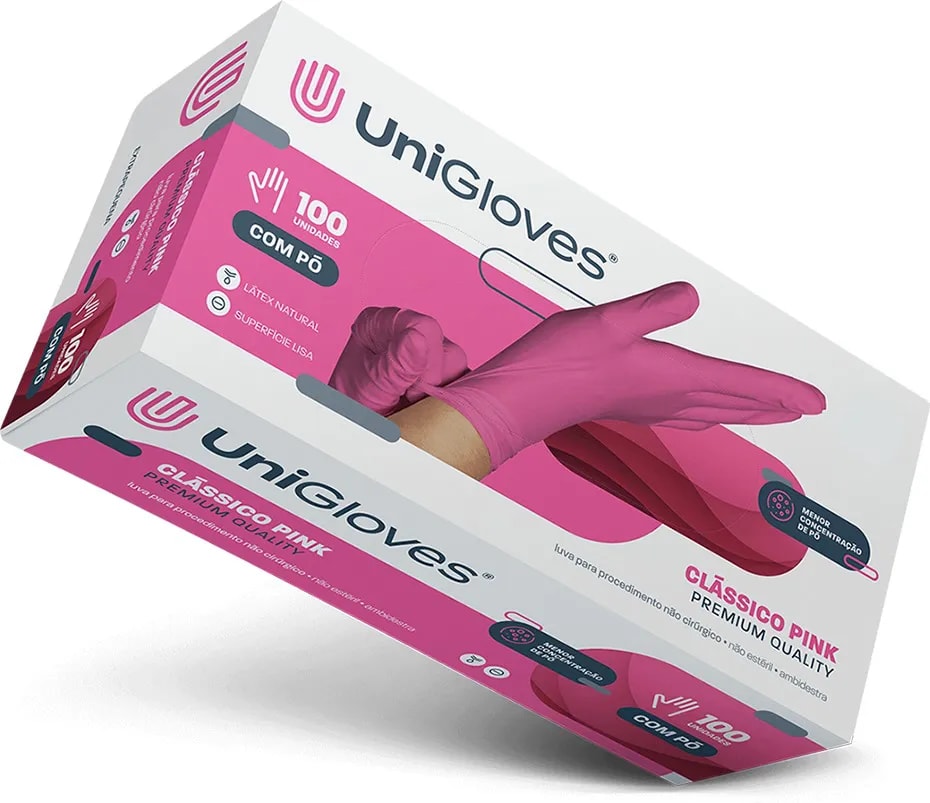 Luva Látex Com Pó Rosa Pink Premium - UniGloves