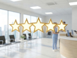 Fünf goldene Sterne vor dem Empfangsbereich einer Arztpraxis mit Wartezimmer und medizinischem Personal im Hintergrund