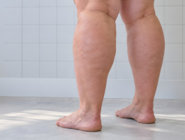 Nahaufnahme der Beine einer stehenden Frau von hinten mit deutlich vergrößerten Oberschenkeln und Waden. Das Bild veranschaulicht mögliche körperliche Anzeichen eines Lipödems.