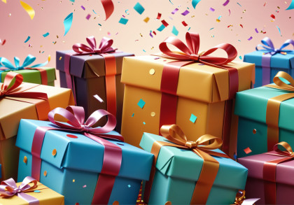 Viele bunte Geschenke in Gelb-, Blau- und Rottönen.