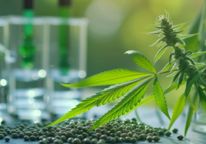 Cannabispflanze mit Blättern und Blüte im Laborumfeld, umgeben von Glasgefäßen und Samen – Symbolbild für medizinische Cannabisforschung und Cannabinoide in der Schmerztherapie.