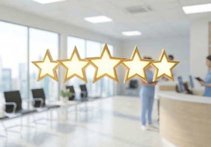 Fünf goldene Sterne vor dem Empfangsbereich einer Arztpraxis mit Wartezimmer und medizinischem Personal im Hintergrund
