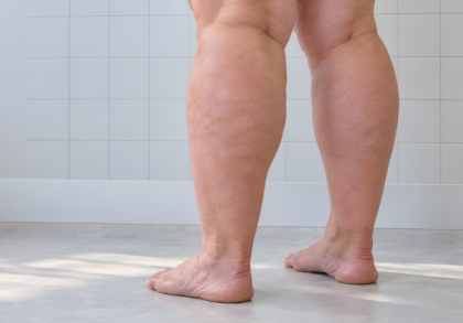 Nahaufnahme der Beine einer stehenden Frau von hinten mit deutlich vergrößerten Oberschenkeln und Waden. Das Bild veranschaulicht mögliche körperliche Anzeichen eines Lipödems.