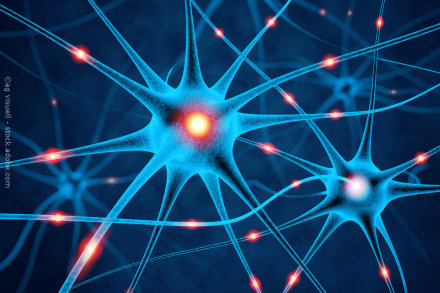 Illustration von Neuronen im Gehirn, dargestellt als blaue Zellen mit zahlreichen Verzweigungen und leuchtend roten Signalpunkten. Die vernetzten Neuronen auf dunkelblauem Hintergrund symbolisieren synaptische Verbindungen und Informationsaustausch.