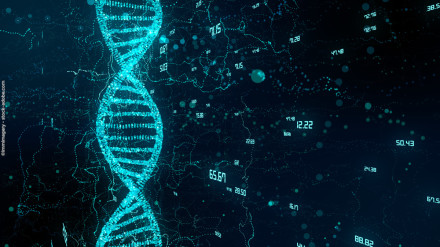 Ein leuchtendes, stilisiertes Bild einer DNA-Helix in Blau- und Grüntönen auf einem dunklen Hintergrund. Um die DNA-Helix herum sind verschiedene Zahlen und Datenpunkte verteilt, die auf eine Verbindung von Genetik und Datenanalyse hinweisen.