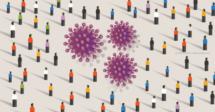 Abstrakte Illustration von Menschen mit bunten Oberteilen, die gleichmäßig verteilt stehen und von großen, violetten Viruspartikeln umgeben sind. Die Szene zeigt eine Perspektive von oben, mit langen Schatten der Personen und Viren auf dem Boden.