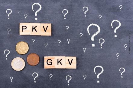 Ein Bild zeigt eine Tafel mit vielen Fragezeichen darauf. In der Mitte befinden sich zwei Gruppen von Holzklötzchen mit den Buchstaben "PKV" und "GKV".