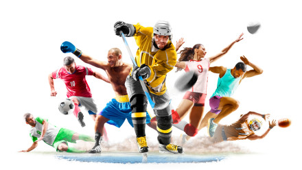 Sieben Athleten, die verschiedene Sportarten ausüben: ein Eishockeyspieler, ein Boxer, eine Volleyballspielerin, zwei Fußballspieler, ein Läufer und ein Footballspieler. Alle Sportler sind in dynamischen Posen dargestellt.
