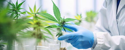 Wissenschaftler in weißem Kittel und blauen Handschuhen untersucht Cannabis-Pflanze im Labor – medizinische Forschung zu therapeutischem Einsatz von Cannabinoiden.