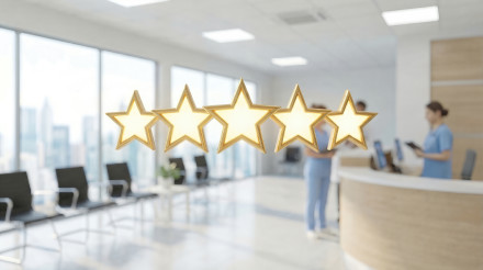 Fünf goldene Sterne vor dem Empfangsbereich einer Arztpraxis mit Wartezimmer und medizinischem Personal im Hintergrund