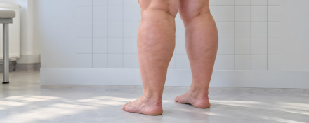 Nahaufnahme der Beine einer stehenden Frau von hinten mit deutlich vergrößerten Oberschenkeln und Waden. Das Bild veranschaulicht mögliche körperliche Anzeichen eines Lipödems.