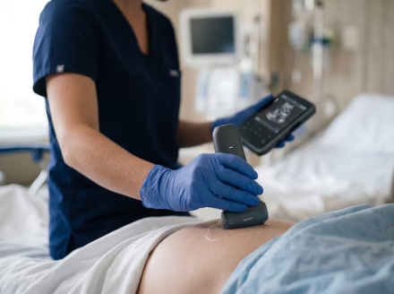 Arzt führt Point-of-Care-Ultraschall mit einem Handheld-Ultraschallgerät am Patientenbett durch