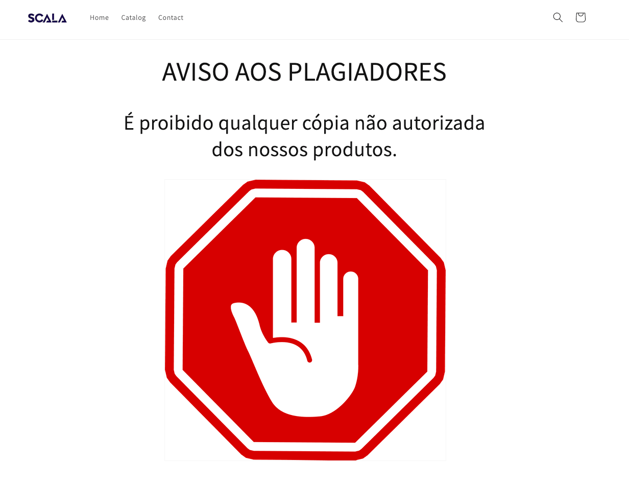Foto mostrando aviso aos plagiadores, no site está escrito "AVISO AOS PLAGIADORES: É proibido qualquer cópia não autorizada dos nossos produtos."