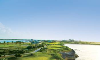 a large green landscape with a body of water